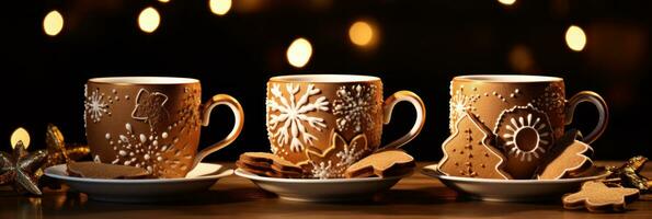 AI generated three coffee cups on a table with ginger cookies for christmas, photo