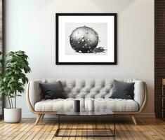 AI generated three black framed art prints in a modern living room mockup, photo