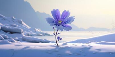 AI generated the sun beams down on snow and a purple flower, photo