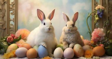 AI generated two rabbits sit in a pile of colored easter eggs, photo