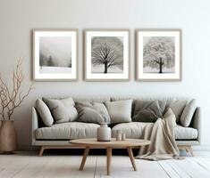 AI generated three black framed art prints in a modern living room mockup, photo