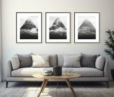 AI generated three black framed art prints in a modern living room mockup, photo