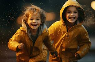 ai generado dos niños jugar en el lluvia afuera, foto