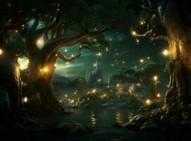 AI generated the background contains golden fairy lights and trees, photo