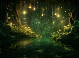 AI generated the background contains golden fairy lights and trees, photo