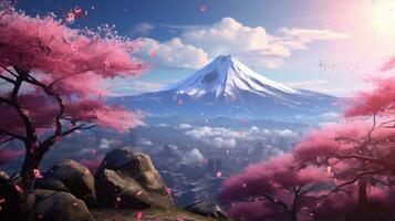 AI generated the mountains  with cherry blossoms in spring, photo