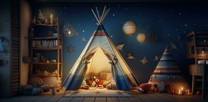 ai generado el habitación contiene un tipi y algunos juguete elementos, foto