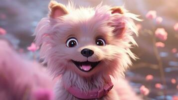 ai generado el pequeño borroso rosado perro es sonriente arriba a usted foto