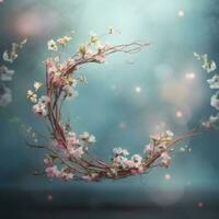 AI generated spring floral wreath branch on blurred surface photo