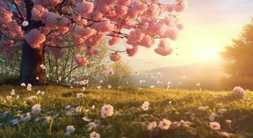 AI generated spring background of grass and flowers spring photo