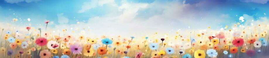 AI generated sun shining in the sky with flowers and blue sky, photo