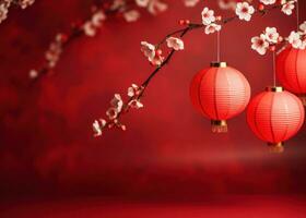 AI generated red paper lanterns on a red background photo