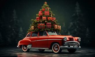 ai generado rojo la carretera coche con Navidad árbol en arriba, foto