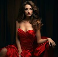 AI generated red strapless velvet dress for a beautiful woman with hair, photo