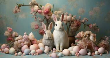 AI generated some rabbits in front of easter eggs, photo