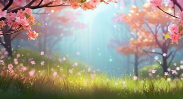 AI generated spring background of grass and flowers spring photo