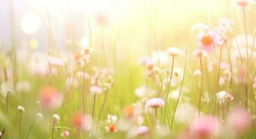 AI generated spring background of grass and flowers spring photo