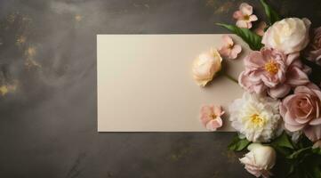 ai generado bonito flores en hormigón mesa con blanco tarjeta, foto
