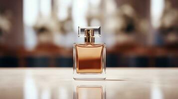 AI generated perfume bottle with blank front, realistic on a mockup template in a table in a luxury store photo