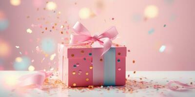 AI generated pink gift with confetti and small balloons, photo