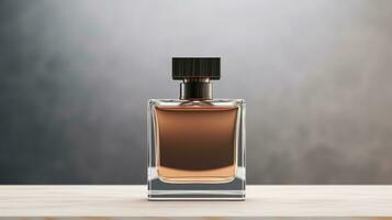 AI generated perfume bottle with blank front, realistic on a mockup template in a table in a luxury store photo