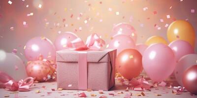 AI generated pink gift with confetti and small balloons, photo