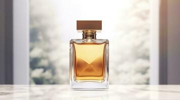AI generated perfume bottle with blank front, realistic on a mockup template in a table in a luxury store photo