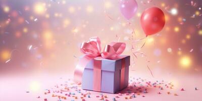 AI generated pink gift with confetti and small balloons, photo