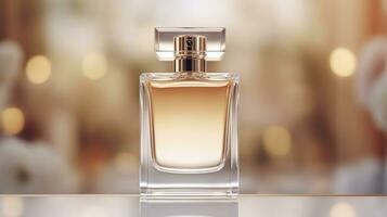 AI generated perfume bottle with blank front, realistic on a mockup template in a table in a luxury store photo