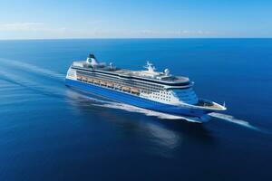 AI generated Cruise ship in the sea. View from above. 3d rendering, Aerial front view of a generic cruise ship traveling with speed over blue ocean, AI Generated photo