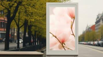 ai generado al aire libre publicidad con blanco frente realista en un Bosquejo modelo en un primavera calle de grande ciudad foto