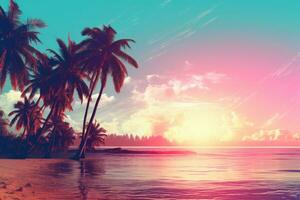AI generated palm tree trees on the shore on a turquoise and pink beach background, photo