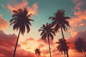 AI generated palm tree trees on the shore on a turquoise and pink beach background, photo