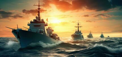 AI generated military ship in the ocean at sunset, photo