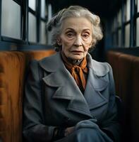 AI generated old woman in grey coat sitting on a train, photo