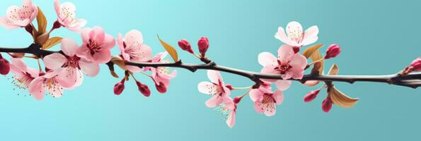 AI generated pink sakura branch with blossoms on a blue background, photo