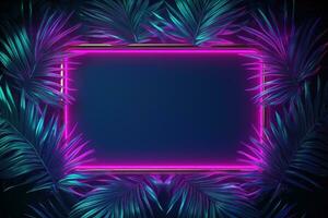 AI generated neon frame on green palm leaves with a palm tree on dark background, photo