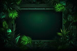 AI generated neon frame on green palm leaves with a palm tree on dark background, photo