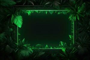 AI generated neon frame on green palm leaves with a palm tree on dark background, photo