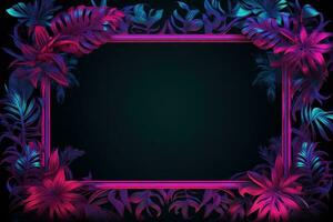 AI generated neon frame on green palm leaves with a palm tree on dark background, photo