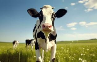 AI generated looking at camera on grass field cow photo