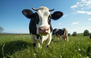 AI generated looking at camera on grass field cow photo