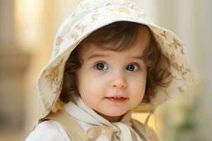 ai generado retrato de un linda pequeño niña en un sombrero con un capucha, adorable pequeño bebé retrato, linda bebé niña interior, ai generado foto