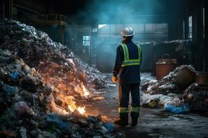 AI generated Worker working in a waste recycling plant. Environmental pollution concept, A worker at a Recycling Plant Works, AI Generated photo