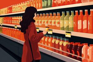 AI generated Young woman shopping in a supermarket. Vector illustration in retro style, A woman in a supermarket, selects juice from the shelf, AI Generated photo