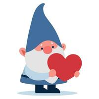 Cute gnome holds heart isolated on white background. vector