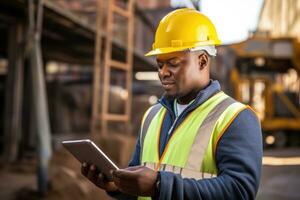 AI generated Portrait of african american worker using digital tablet in warehouse, A young Black African mining construction worker with a digital tablet, AI Generated photo