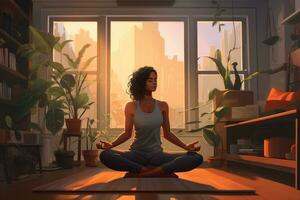 ai generado mujer practicando yoga en un habitación con un grande ventana con vista a el ciudad, un mujer lo hace yoga a hogar, ai generado foto