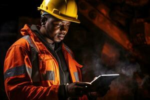 ai generado afroamericano trabajador en la seguridad chaleco y casco utilizando digital tableta en fábrica, un joven negro africano minería construcción trabajador con un digital tableta, ai generado foto