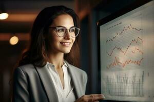 AI generated Portrait of young businesswoman in eyeglasses looking at camera while standing in office, A woman looking at an i pad concentrated over the data and smiling, AI Generated photo